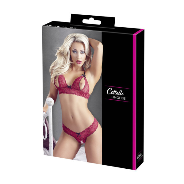 Soutien-gorge, bonnets ouverts, en dentelle rouge et string assorti 